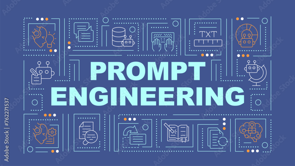 Prompt engineering dark blue word concept. Instruction for ai model. Typography banner. Flat design. Vector illustration with title text, editable line icons. Ready to use. Arial Black font used