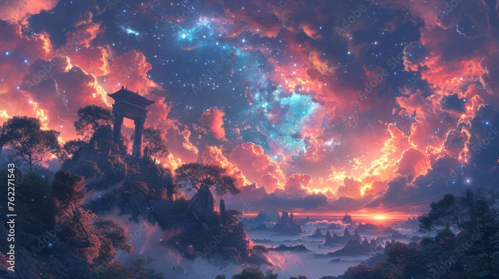 Ancient shrine within a starlit nebula forest Ancient shrine within a starlit nebula forest