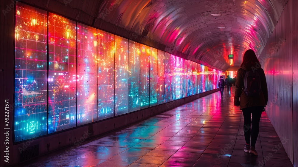 Woman Walking Through Colorful Lighted Tunnel