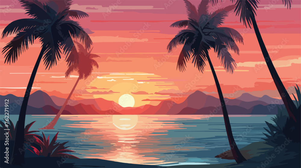 Ocean landscape sunse palm tree in the sides flat vector