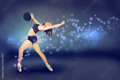 Ballerina in black suit dances on an abstract background, collage