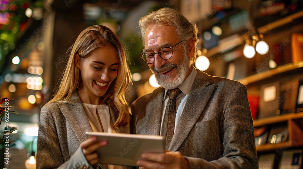 Managing director in grey suit with company or assistant having business meeting associates working together on task new startup idea, teamwork help or synergy concept, happy and holding a tablet 