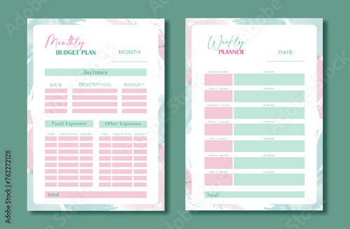 Personal monthly and weekly budget planner in a4 format with watercolor brushes