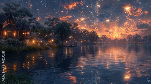Flame Harbor under a starlit sky mirage glows