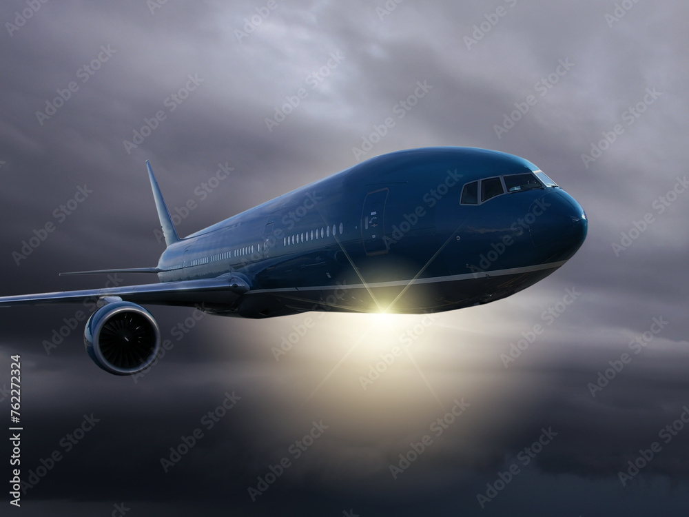 Dark passenger plane flies through the dark sky, collage Dark passenger plane flies through the dark sky, collage