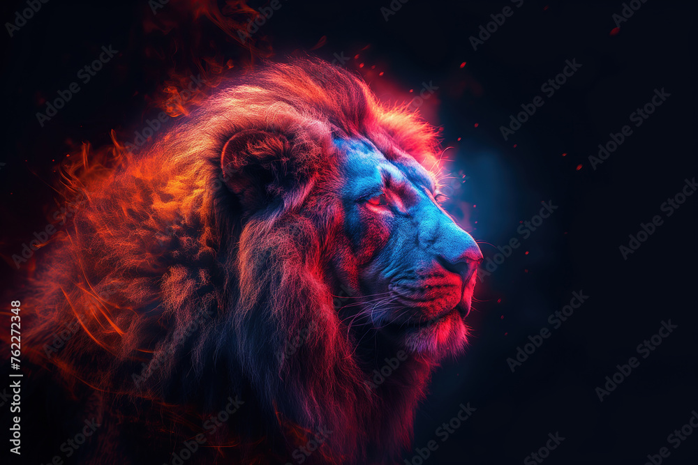 Fototapeta premium multicolored profile of neon glow face lion on black background