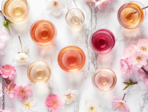 Top view of various wine glasses surrounded by delicate spring flowers on a marble background, symbolizing a refined tasting event