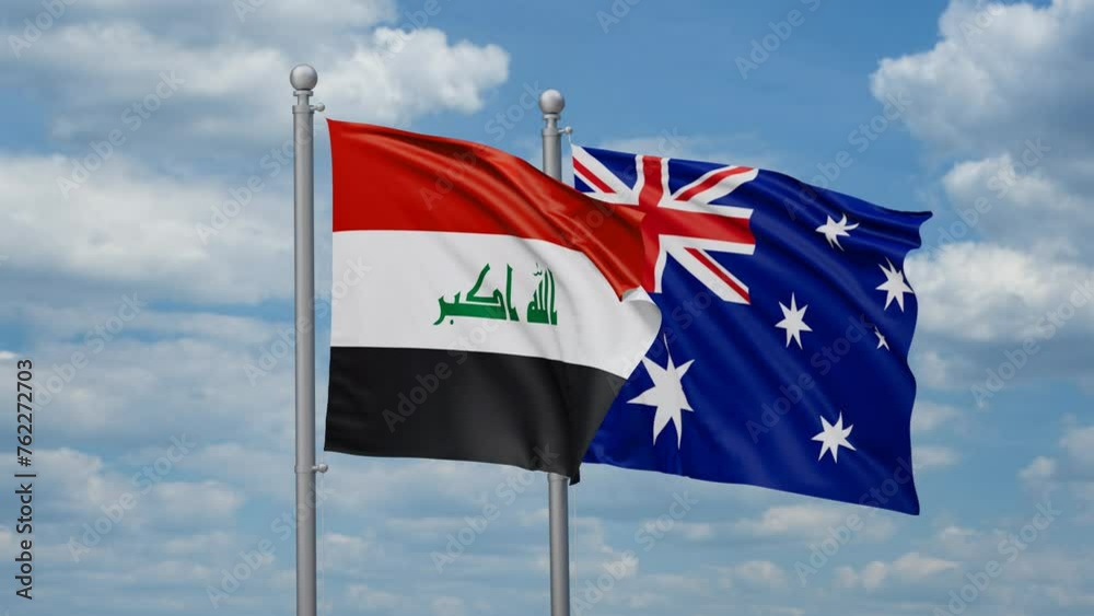 Australia and Iraq two flags waving together, looped video, two country relations concept Australia and Iraq two flags waving together, looped video, two country relations concept