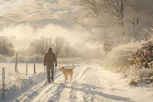 Man walking with his yellow labrador retriever in winter landscape © Kien