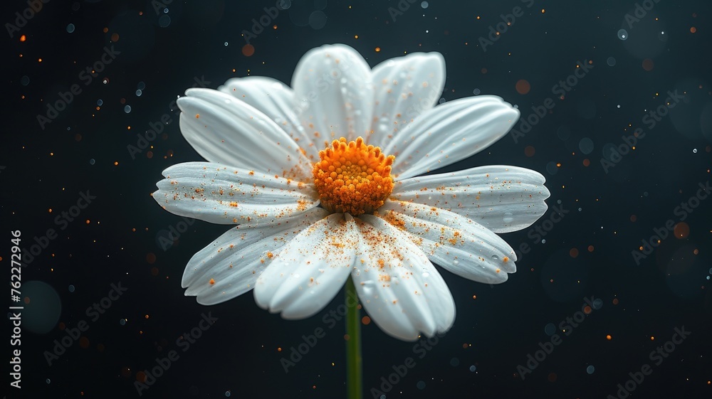 a pristine white flower, such as a daisy, delicately adorned with ash against a dark background, evoking a sense of contrast and intrigue.