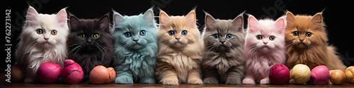 A row of fluffy kittens playing with colorful yarn balls against a backdrop of pastel-colored banners, perfect for a pet-friendly celebration.