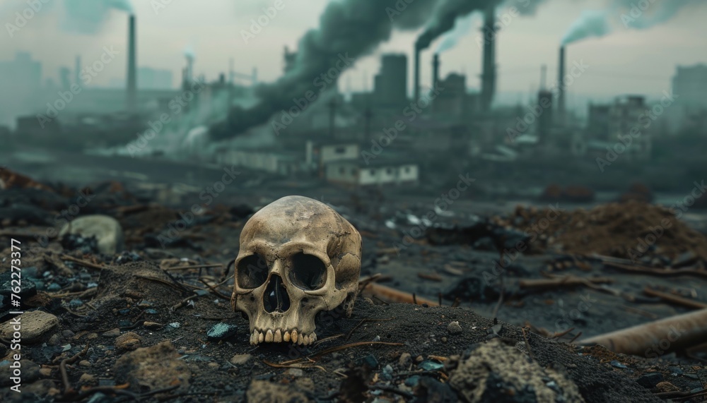 Apocalyptic industrial landscape with skull