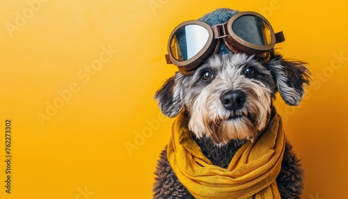 Quirky dog dressed as pilot against yellow background © Minerva Studio