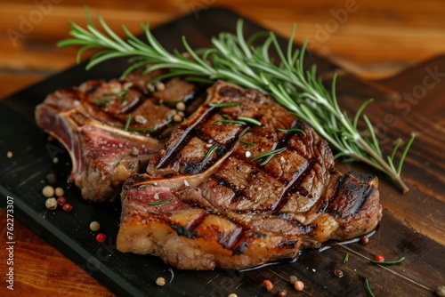 grilled medium rib eye steak with rosemary and pepper macro ai generative, Grilled medium rib eye steak with rosemary and pepper.