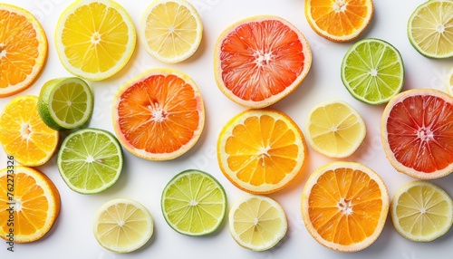 Assorted citrus fruit slices on white background