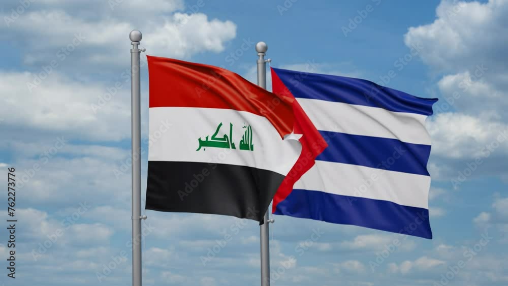 Cuba and Iraq two flags waving together, looped video, two country cooperation concept Cuba and Iraq two flags waving together, looped video, two country cooperation concept
