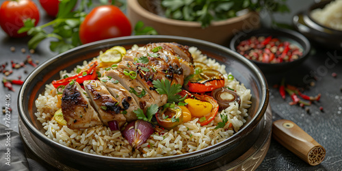 Delicious Grilled Chicken on Herbed Rice with Fresh Garnishes