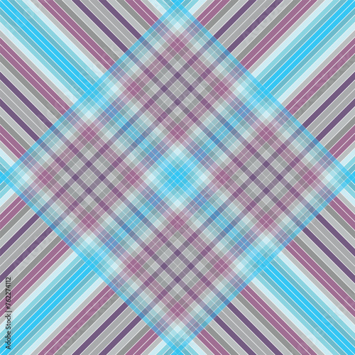 Vector seamless checkered pattern with gray, blue, brown and violet diiagonal strips
