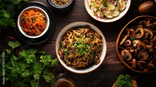 Top view of vegetarian braised cabbage and shiitake mushrooms in bowls on table ready to serve.