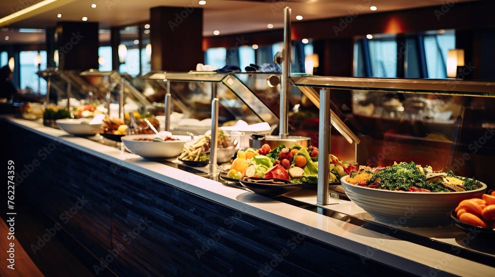 Buffet food dishes. Dining room on a luxury cruise ship