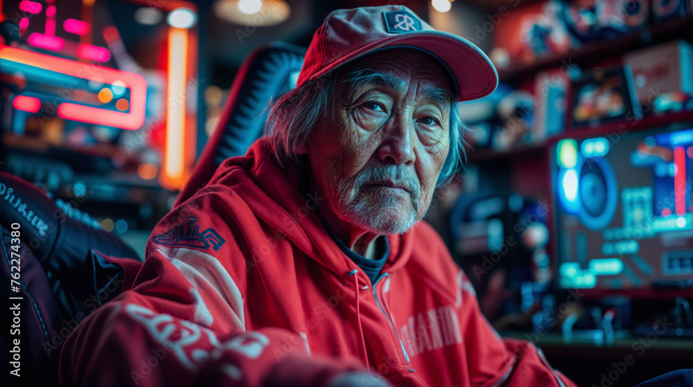 a portrait studio shot of an old japanese man wearing a baseball cap and plain red hacker hoodie | he is sitting on a gaming chair | neon deco in the background