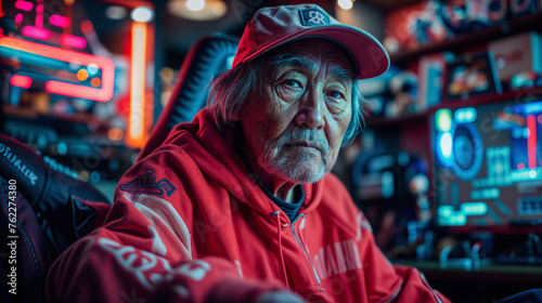a portrait studio shot of an old japanese man wearing a baseball cap and plain red hacker hoodie | he is sitting on a gaming chair | neon deco in the background