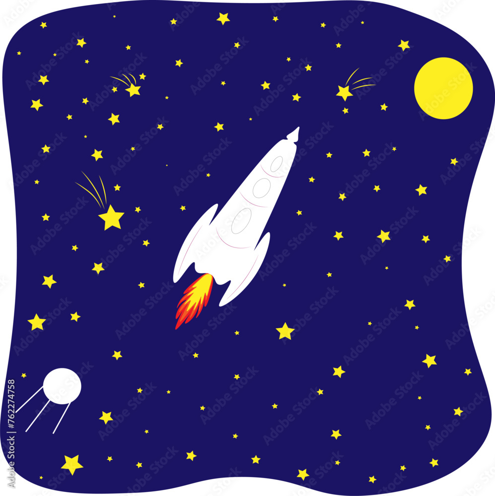 Purple space background with a rocket satellite moon and stars. The concept of Cosmonautics Day Purple space background with a rocket satellite moon and stars. The concept of Cosmonautics Day