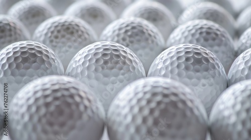Close-up on the texture of golf balls, meticulously placed for a striking ad visual on white photo