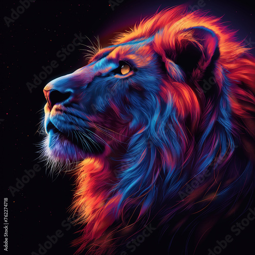 multicolored profile of neon glow face lion on black isolated background