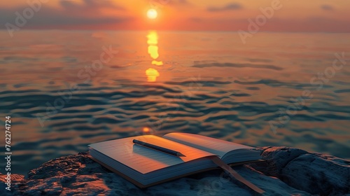 a sunrise or sunset from a secluded vantage point, featuring an open journal and pencil resting on a rock, where reflections on Earth Day are penned.