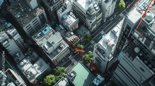 top down image, realistic cityscape, skyscrapers, cars, houses, 16:9