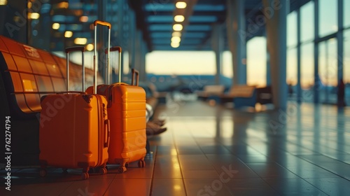 Suitcases in airport departure lounge, airplane in background. traveler suitcases in airport terminal waiting area, empty hall interior with large windows, focus on suitcases. Summer vacation