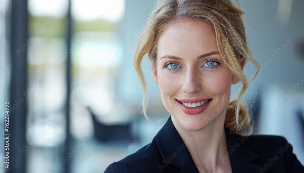 Professional headshot of a smiling woman with blond hair in a corporate setting Professional headshot of a smiling woman with blond hair in a corporate setting