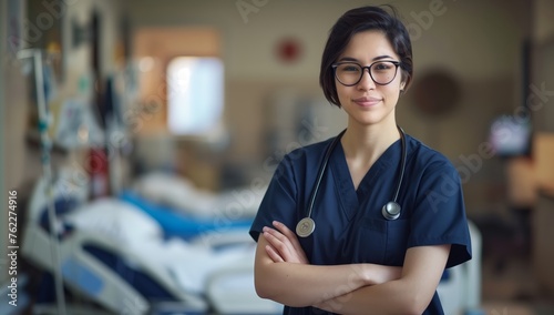 A nurse with electric blue glasses and a smile is standing in a hospital room with crossed arms, wearing a uniform with short sleeves. Fun job at a vision care event
