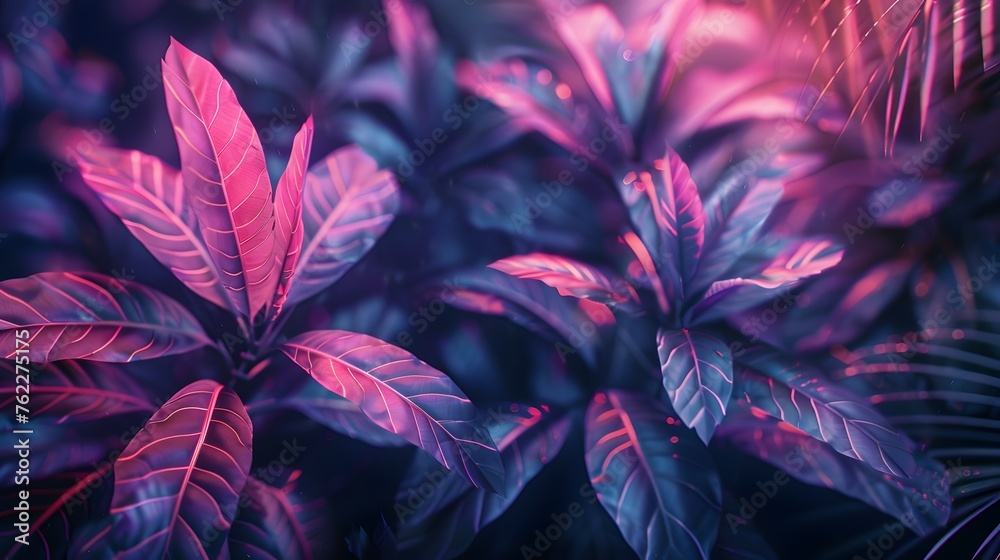 tropical leaves in neon light