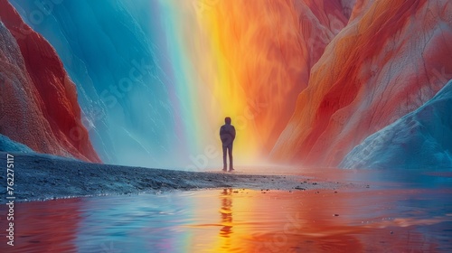 photo rainbow colors, mountains, national park, man standing from the back, outdoor, hiking,  photo