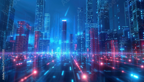 Abstract binary code. Abstract background with lights. Background with an ultra-modern city against the background of 3D holograms with news. Data concept. © michalsen