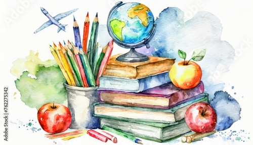 Watercolor Illustration of Education and Travel Concept photo