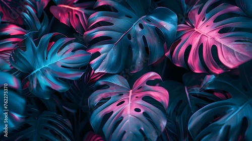 tropical leaves in neon light