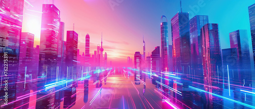 City lights. Abstract background with lights. Background with an ultra-modern city against the background of 3D holograms with news. Data concept. © michalsen