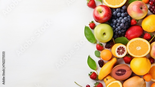 Various fresh fruits and vegetables healthy food storage Top view with copy area