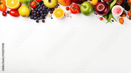 Various fresh fruits and vegetables healthy food storage Top view with copy area photo