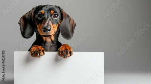 a dog holding blank card or poster , closeup view of animal pet face portrait and empty blank card or paper design template mockup photo photo