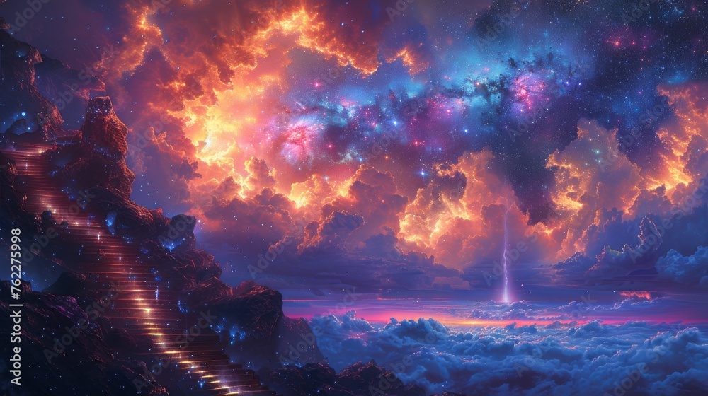 Starry nebula forest shrine under a cosmic cascade