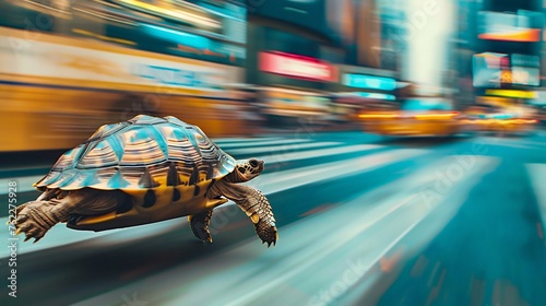 Urban Speed: Turtle Racing in the City Rush. Generative ai © Scrudje