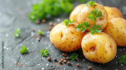 Fresh young potatoes on a dark background, close-up.