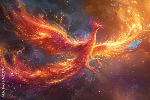 A surreal cosmic fire Phoenix in a backdrop of nebulae and galaxies.