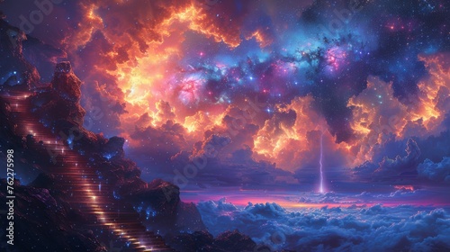 Starry nebula forest shrine under a cosmic cascade