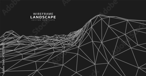 Wireframe landscape. Futuristic 3d mesh background. Digital polygonal hills technology. Vector illustration.