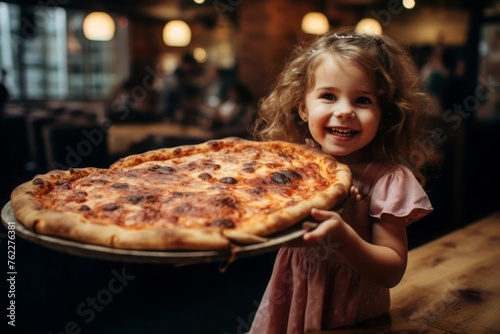 Little girl holding a large piece of pizza in her hand
